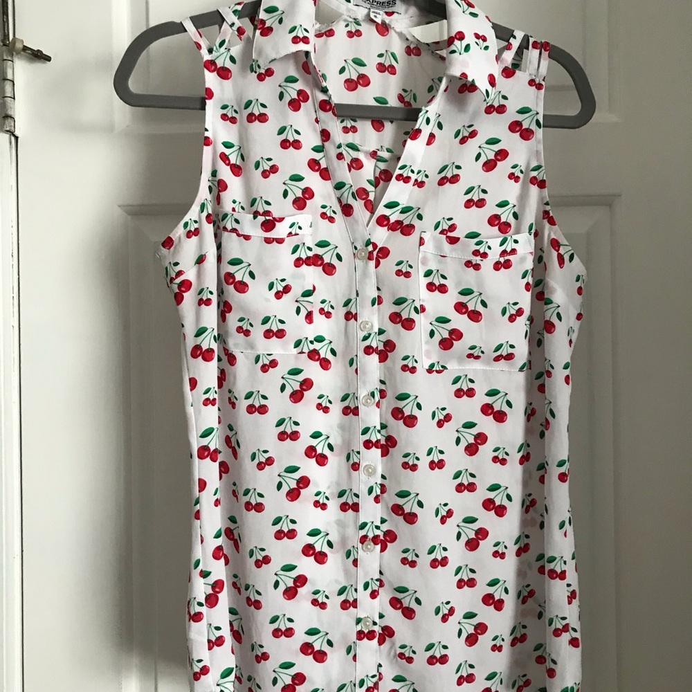 Sleeveless Cherry Print Button-Down Top - White/Red